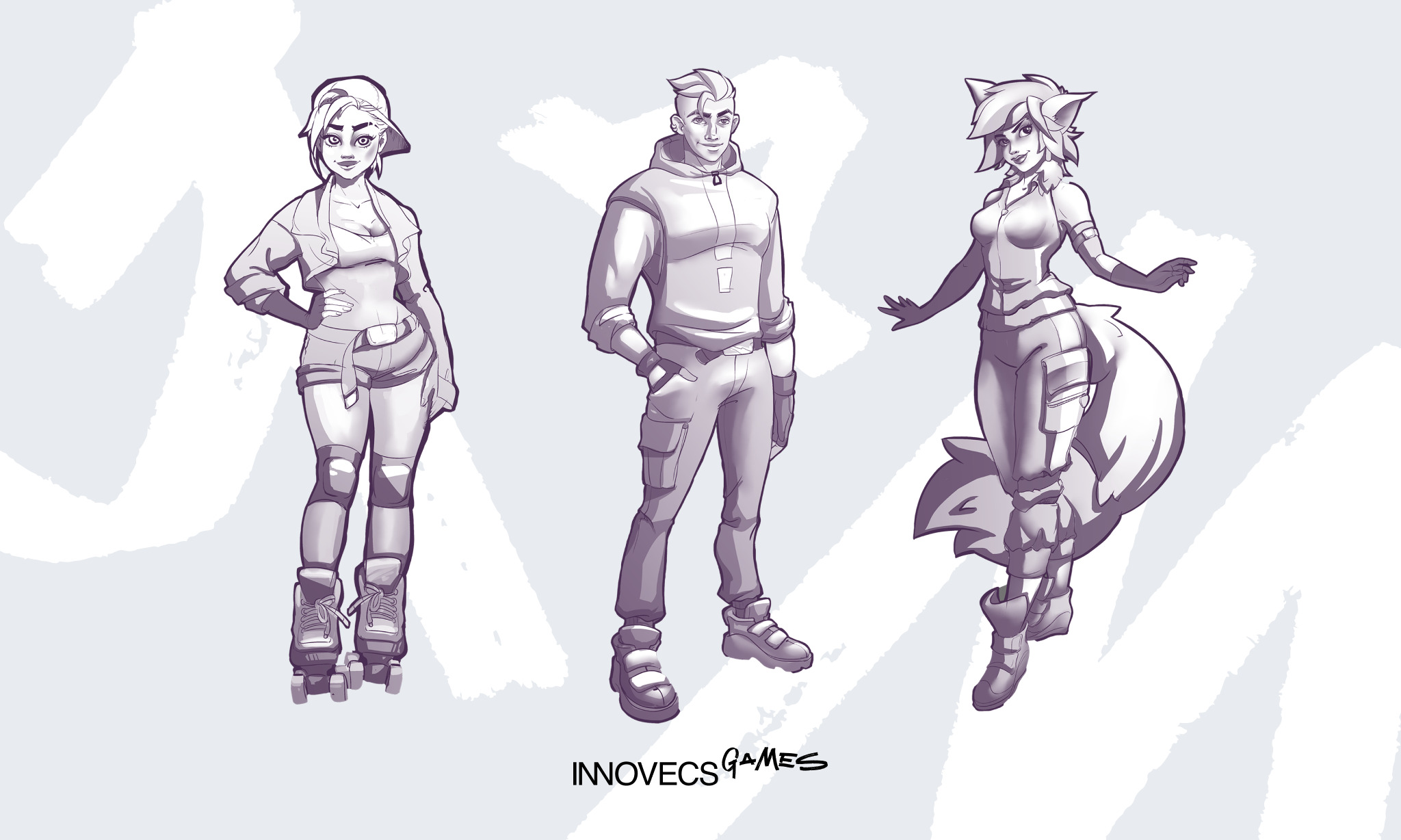 Three character concept sketches showing variations in art style and design details, from simple outlines to refined forms.