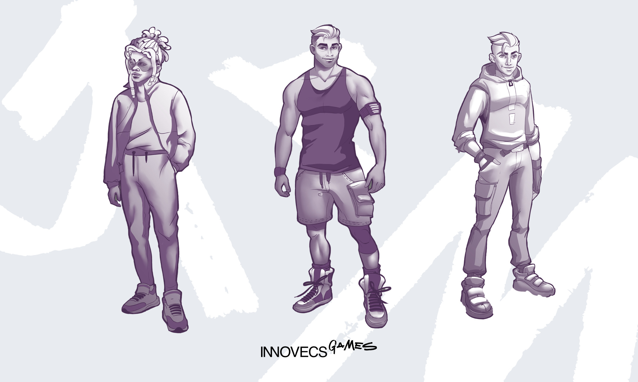 Black and white character concept art sketches showing three distinct designs exploring different personalities and costumes.