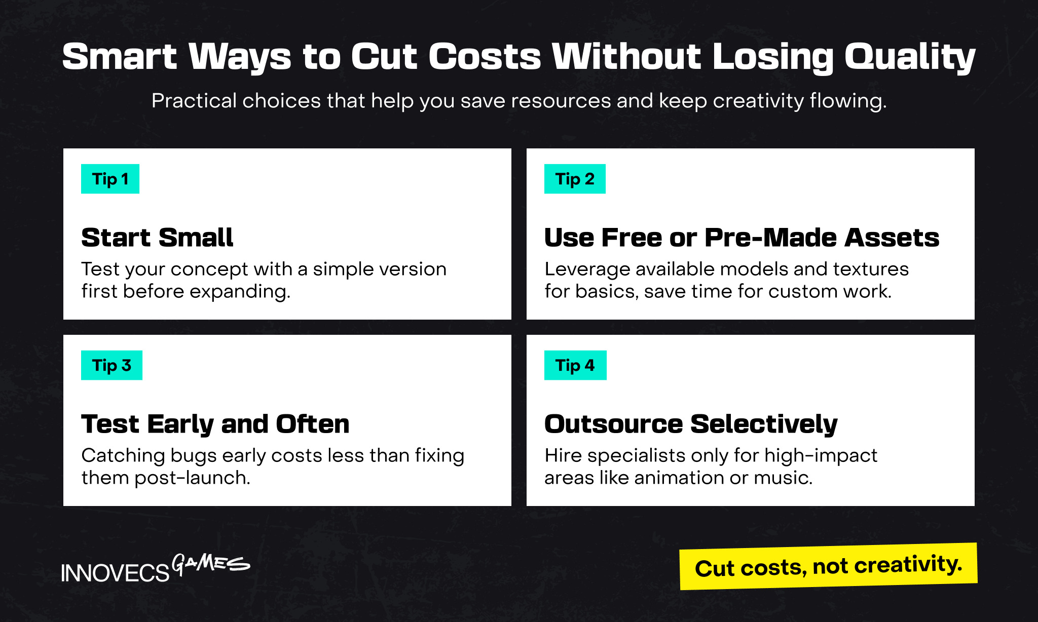 Flat-lay illustration of a digital workspace showing cost-saving tips such as starting small, using pre-made assets, testing early, and outsourcing selectively.