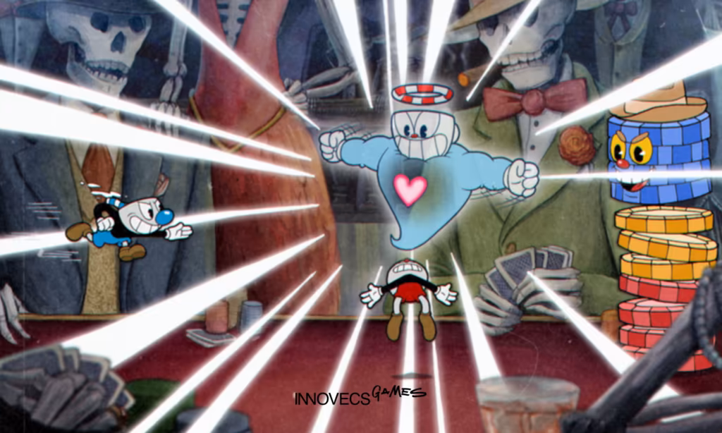 Cuphead boss fight in hand-drawn cel style