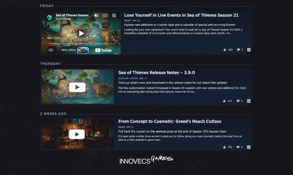 Steam news posts for one live game