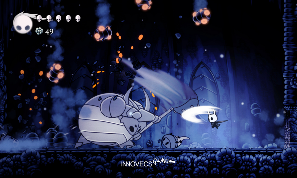 Hollow Knight boss fight, hand-drawn 2D