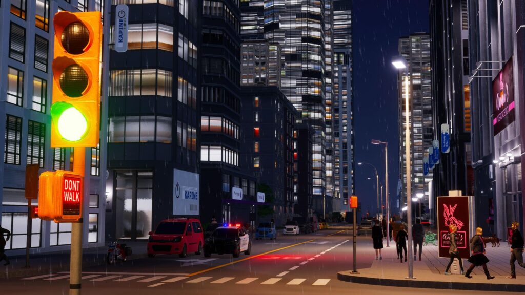 Cities: Skylines II night street with pedestrians