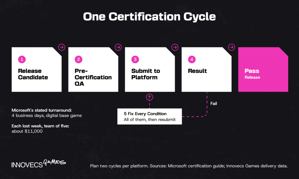 Console certification cycle with pass and fail-and-resubmit paths