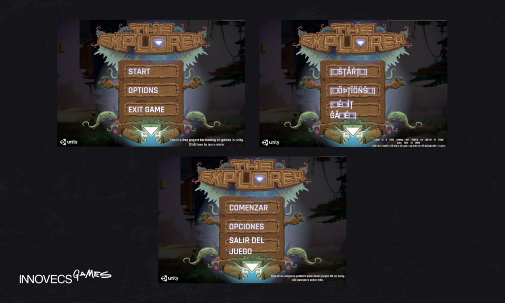 Unity menu in English, pseudo-localized and in Spanish