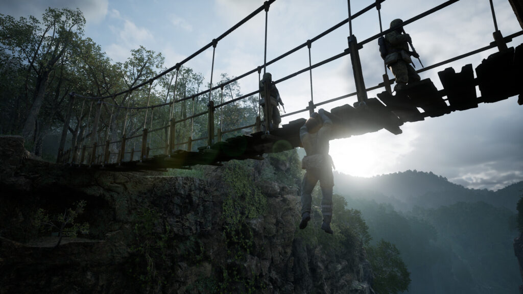 Metal Gear Solid Delta, soldiers on a jungle rope bridge