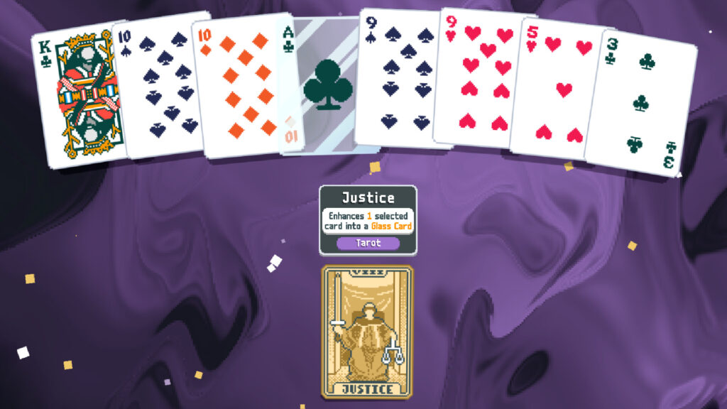 Balatro card table with a hand of cards and a Justice tarot card