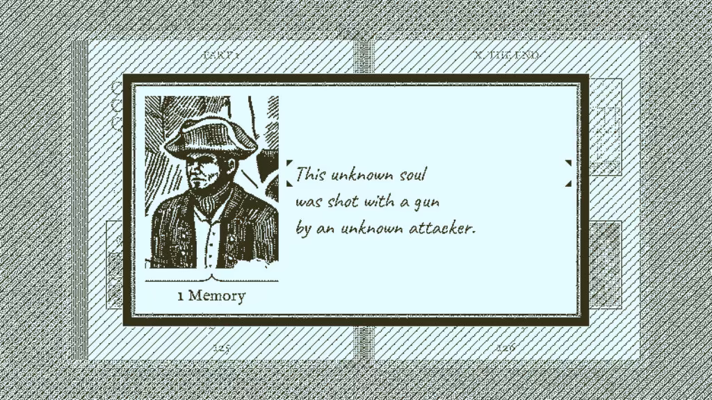 Return of the Obra Dinn logbook page matching a crew portrait to a fate